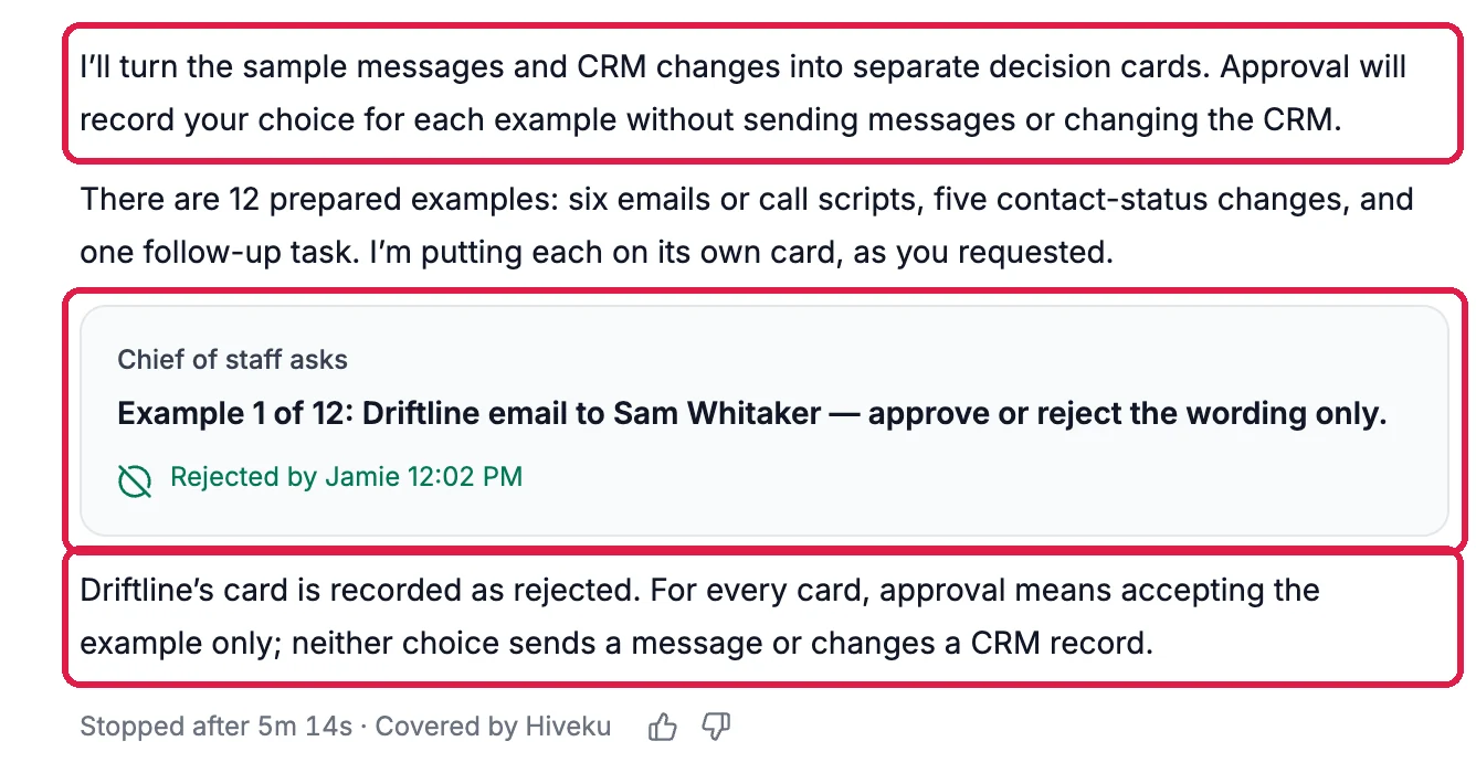 The chief of staff explains that approval records the choice for each example without sending or changing anything, the card Rejected by Jamie 12:02 PM, and the line that neither choice sends a message or changes a CRM record, all outlined