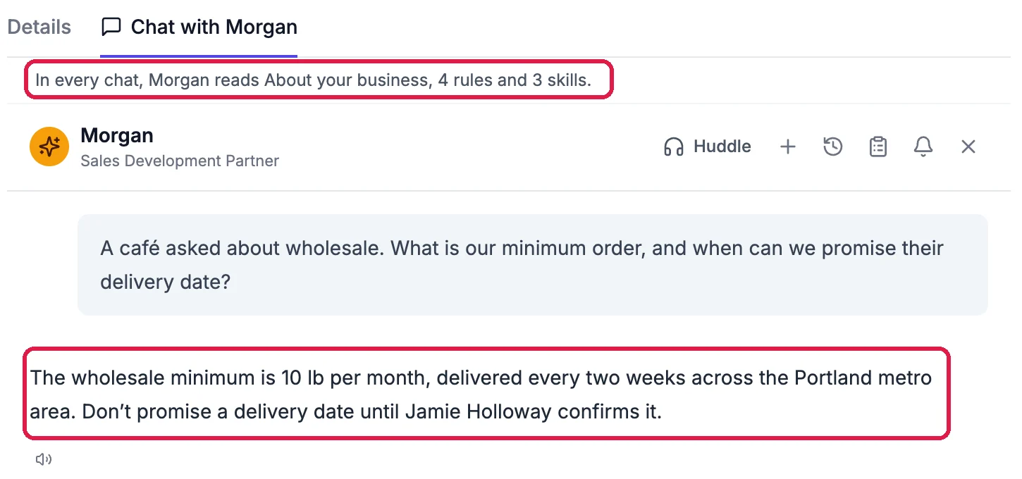 The sales agent's chat: the line saying that in every chat it reads About your business, 4 rules and 3 skills, outlined; the question about a café's wholesale order; and the agent's answer outlined: the wholesale minimum is 10 lb per month, delivered every two weeks, and don't promise a delivery date until Jamie Holloway confirms it