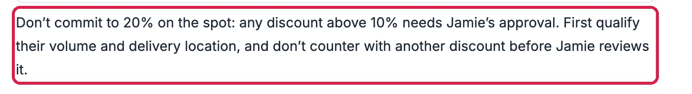 The sales agent's answer to a hotel asking for 20% off, outlined: don't commit to 20% on the spot, any discount above 10% needs Jamie's approval, and first qualify their volume and delivery location