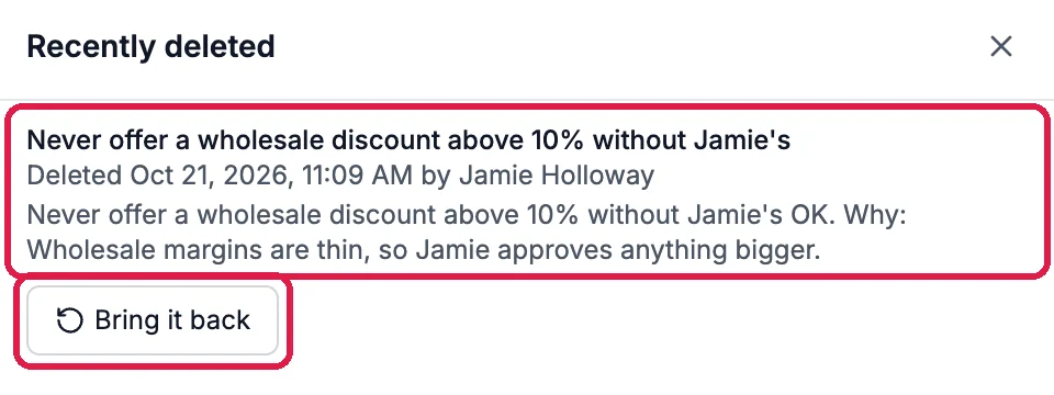 Recently deleted: the discount rule, Deleted Oct 21, 2026, 11:09 AM by Jamie Holloway, with its text, outlined, and the Bring it back button, outlined