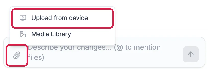 The paperclip in the chat box, outlined, and its menu with Upload from device, outlined, and Media Library