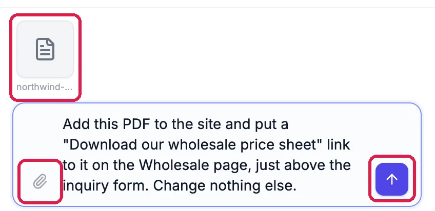 The attached PDF's tile above the chat box, outlined; the request typed in the chat box; the paperclip and the send arrow outlined