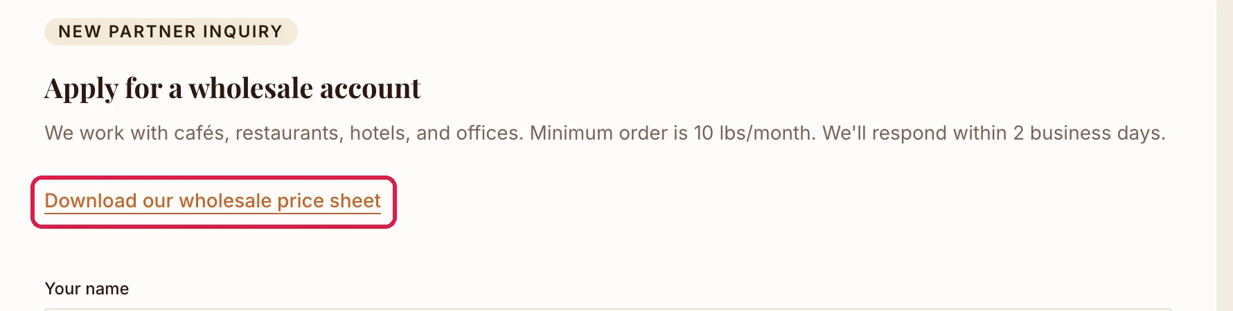 The Wholesale page's Apply for a wholesale account section in the preview, with the Download our wholesale price sheet link, outlined, above the form