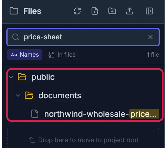 The Files panel searched for price-sheet, with public, documents and northwind-wholesale-price... outlined