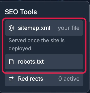 The SEO Tools card with sitemap.xml (your file, served once the site is deployed) and robots.txt outlined, and Redirects, 0 active