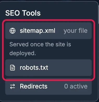 The SEO Tools card with sitemap.xml (your file, served once the site is deployed) and robots.txt outlined, and Redirects, 0 active
