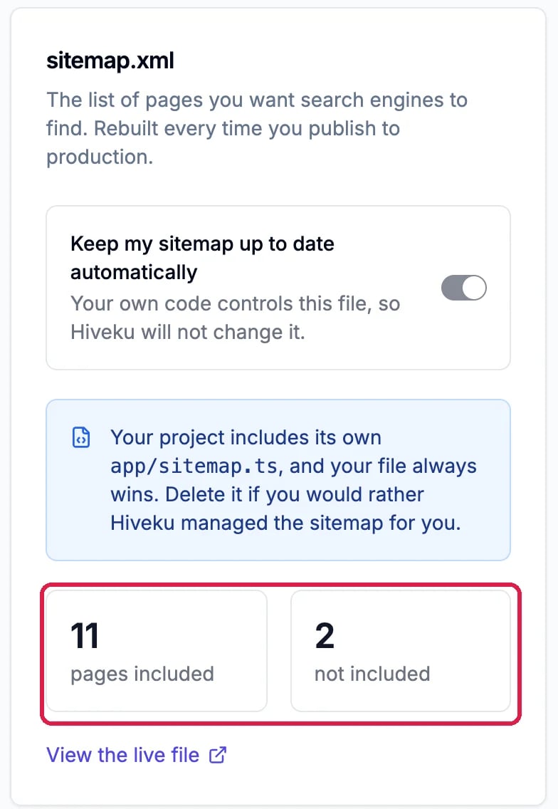 The sitemap.xml panel: Keep my sitemap up to date automatically, a note that the project includes its own sitemap file, and the counts 11 pages included and 2 not included, outlined, with View the live file