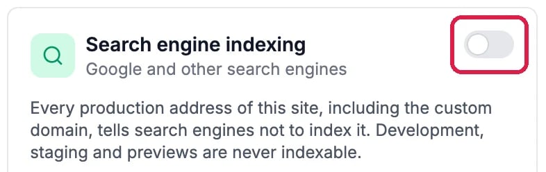 The Search engine indexing card with its switch off, outlined: Every production address of this site, including the custom domain, tells search engines not to index it; development, staging and previews are never indexable