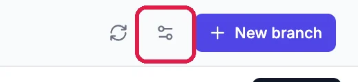 The settings button, outlined, between the refresh button and New branch