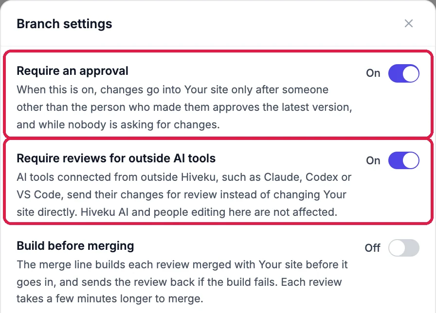 Branch settings: Require an approval, On, and Require reviews for outside AI tools, On, both outlined; and Build before merging, Off