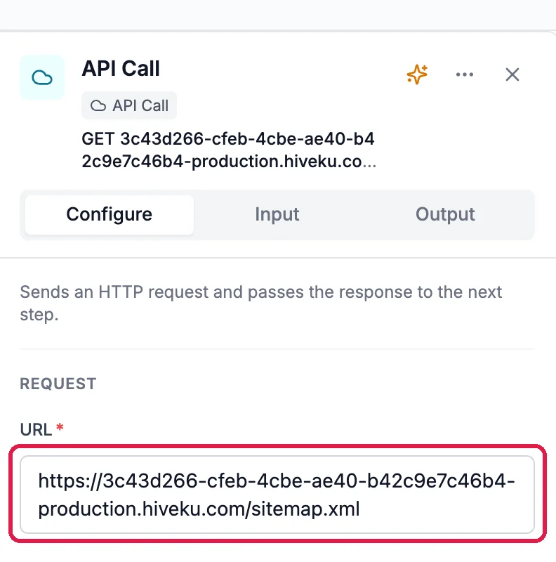 The API Call step's settings with the corrected URL, outlined