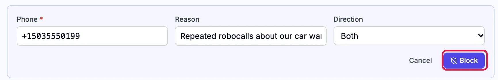 The Block a number form: Phone +15035550199, Reason Repeated robocalls about our car warranty, Direction Both, and the Block button outlined