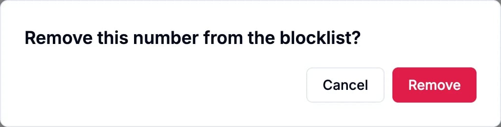 Remove this number from the blocklist? Cancel or Remove