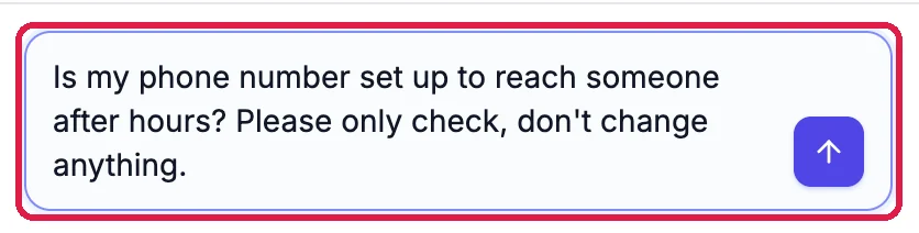 The comms agent's box with the question Is my phone number set up to reach someone after hours? Please only check, don't change anything, outlined