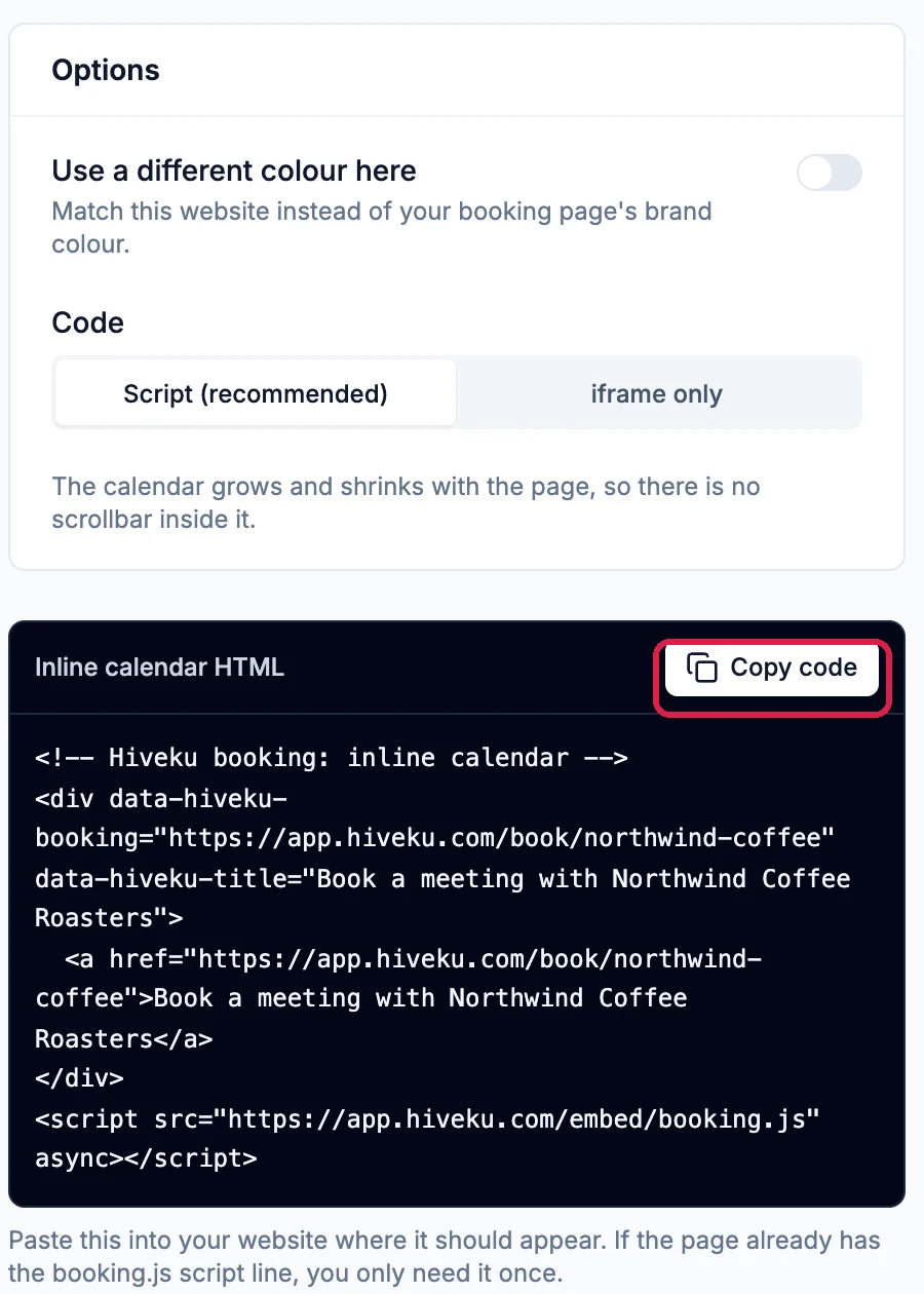 Options: Use a different colour here, off; Code, Script (recommended) picked, iframe only; then the Inline calendar HTML with Copy code outlined, and the note: Paste this into your website where it should appear
