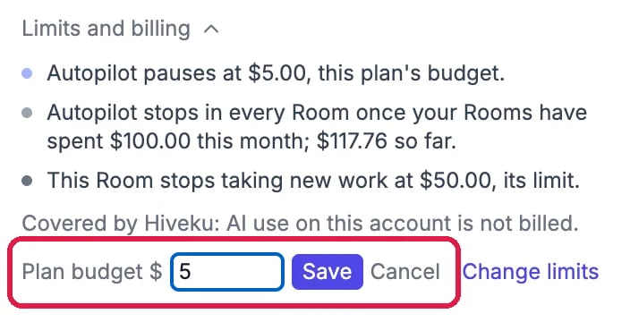 Limits and billing with Plan budget $ 5 being edited, and Save and Cancel, outlined