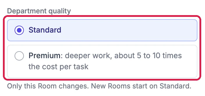 Department quality with Standard chosen and Premium, deeper work, about 5 to 10 times the cost per task, outlined; and Only this Room changes. New Rooms start on Standard