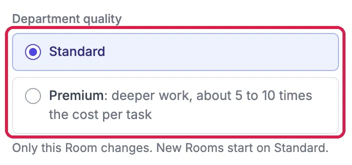 Department quality with Standard chosen and Premium, deeper work, about 5 to 10 times the cost per task, outlined; and Only this Room changes. New Rooms start on Standard