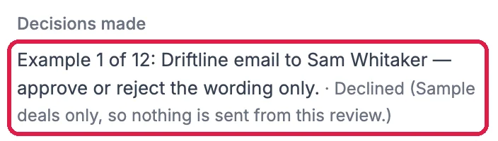 Decisions made: Example 1 of 12, the Driftline email, declined with the reason Sample deals only, so nothing is sent from this review, outlined