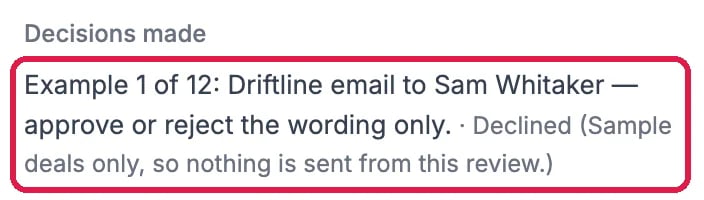 Decisions made: Example 1 of 12, the Driftline email, declined with the reason Sample deals only, so nothing is sent from this review, outlined