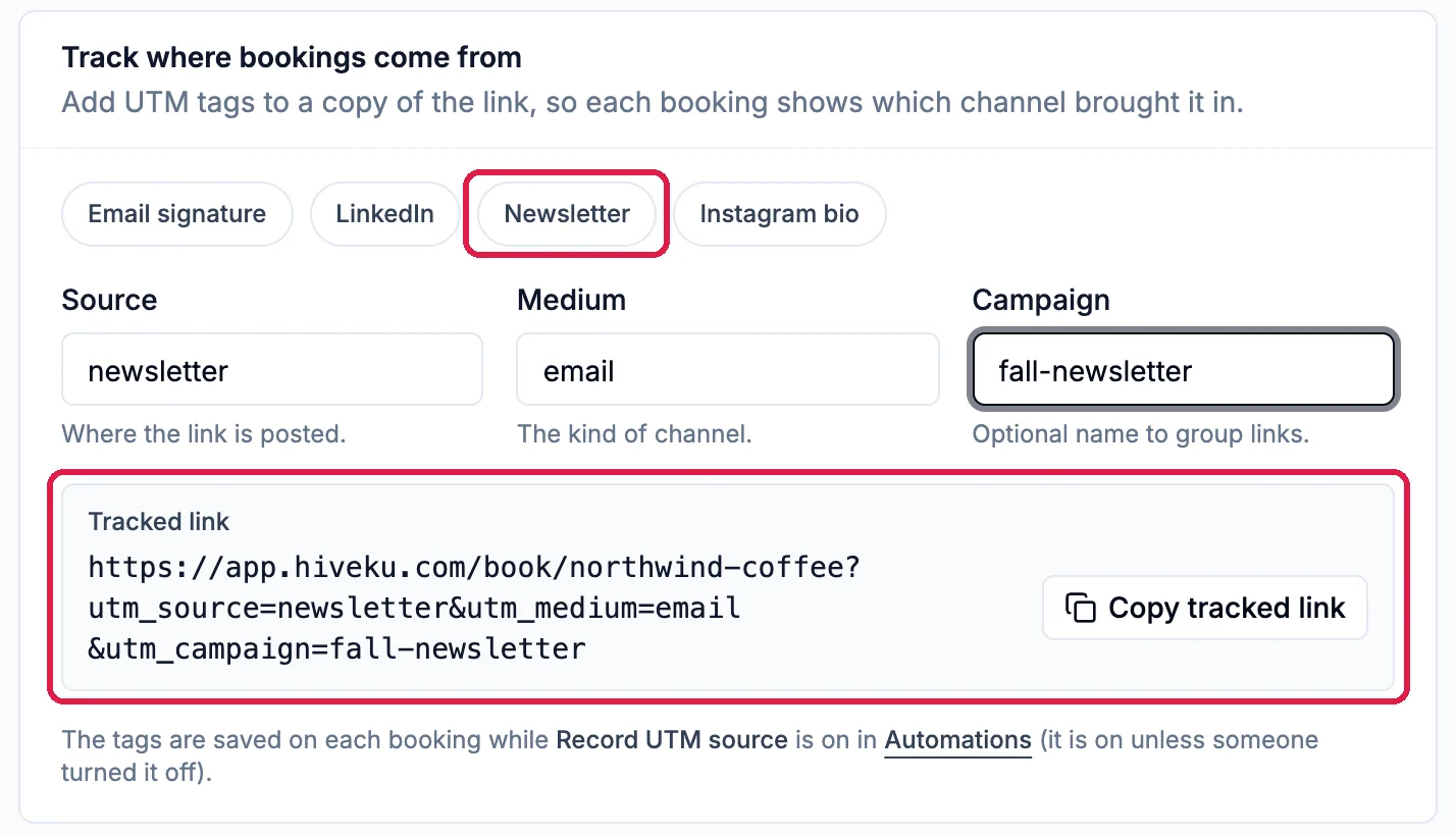 Track where bookings come from with the Newsletter preset outlined, Source newsletter, Medium email and Campaign fall-newsletter, and the Tracked link with utm_source, utm_medium and utm_campaign and its Copy tracked link button, outlined