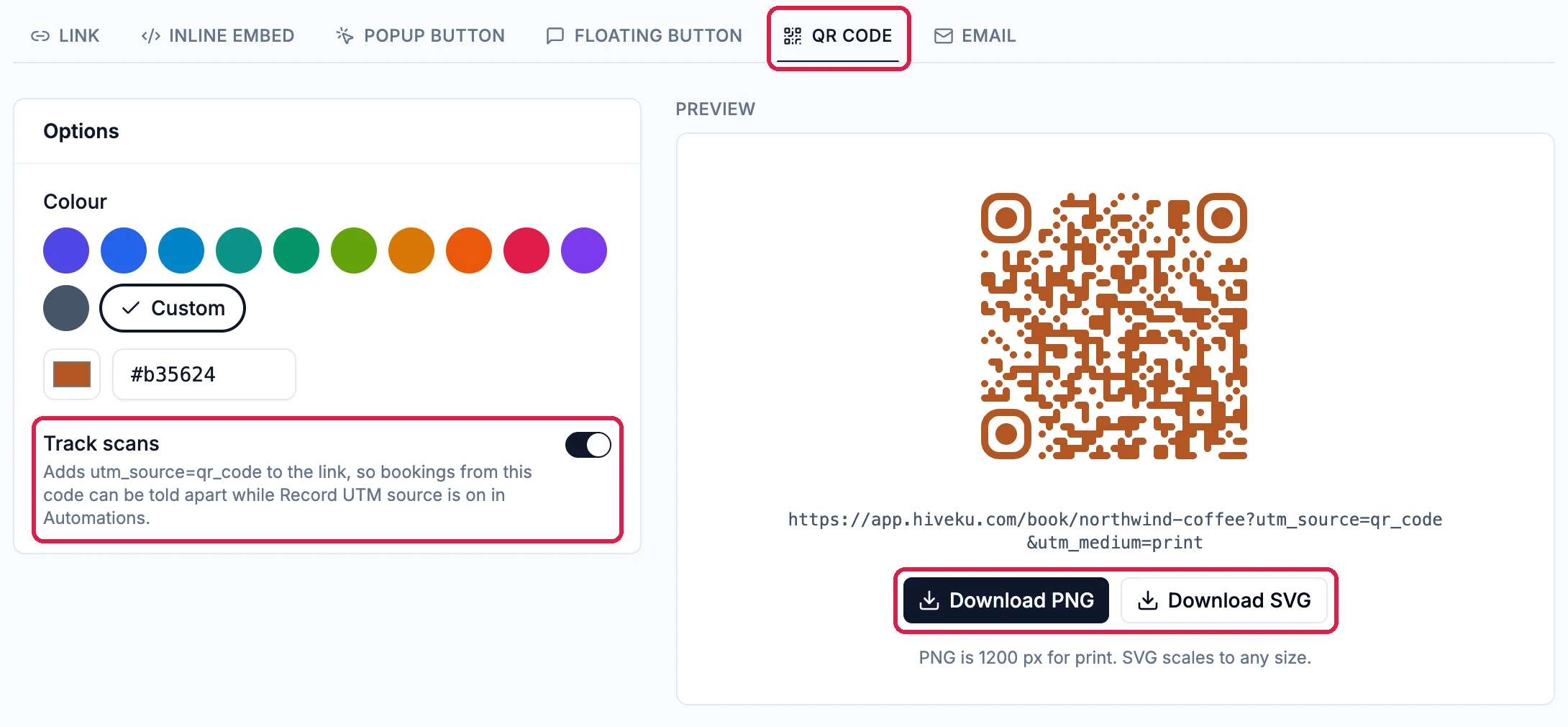 The QR code tab, outlined; Options with the Custom color b35624; Track scans on, outlined; and the preview of the code with Download PNG and Download SVG, outlined