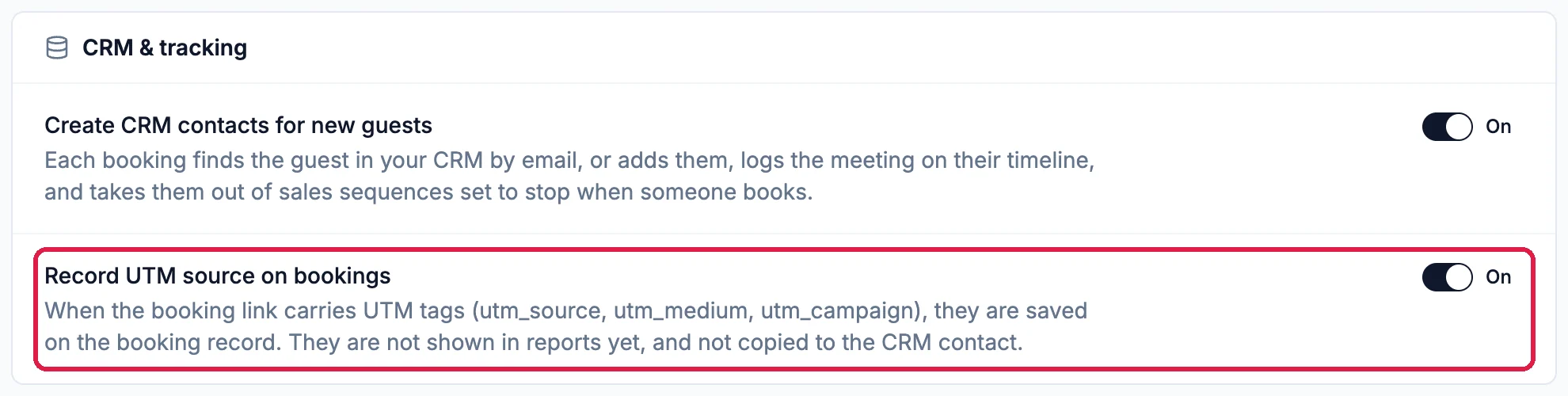 CRM and tracking with Create CRM contacts for new guests on, and Record UTM source on bookings on, outlined