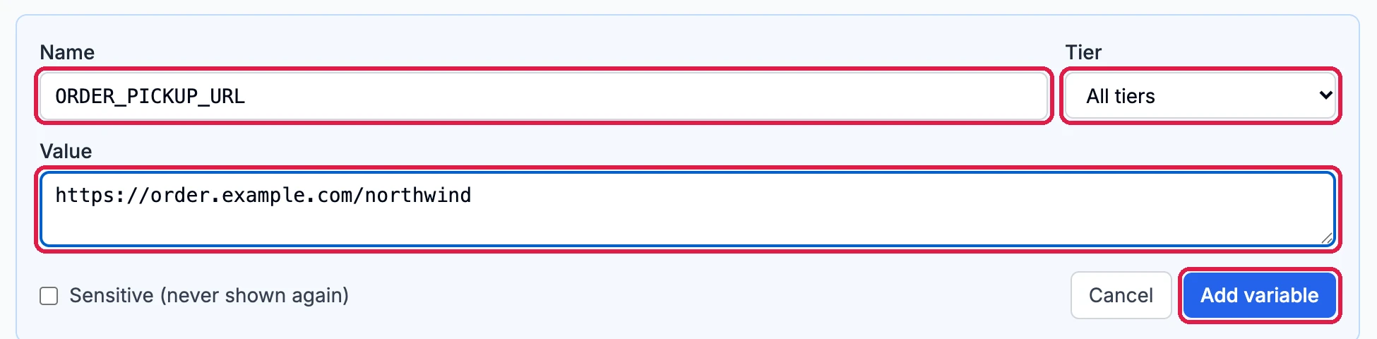 Name ORDER_PICKUP_URL, Tier All tiers, Value https://order.example.com/northwind, and Add variable, each outlined