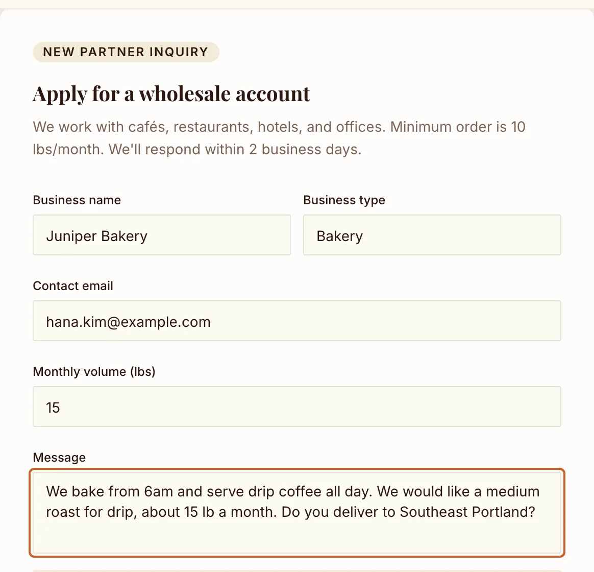 The Northwind wholesale inquiry form filled in with Juniper Bakery, Bakery, hana.kim@example.com, 15 lbs and a message