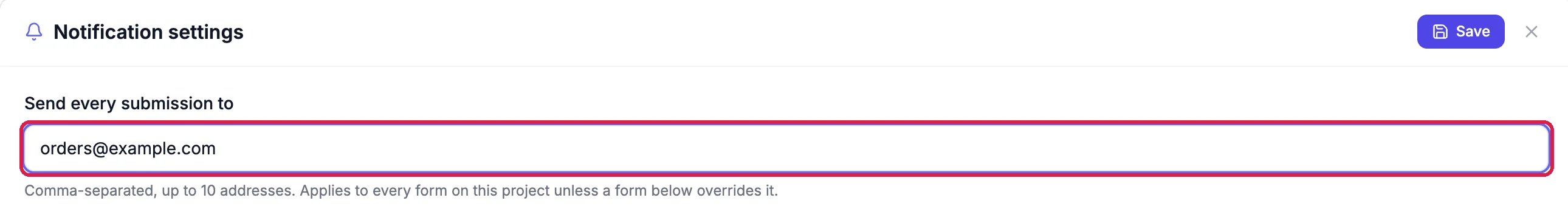 Notification settings with an address typed into Send every submission to and the Save button