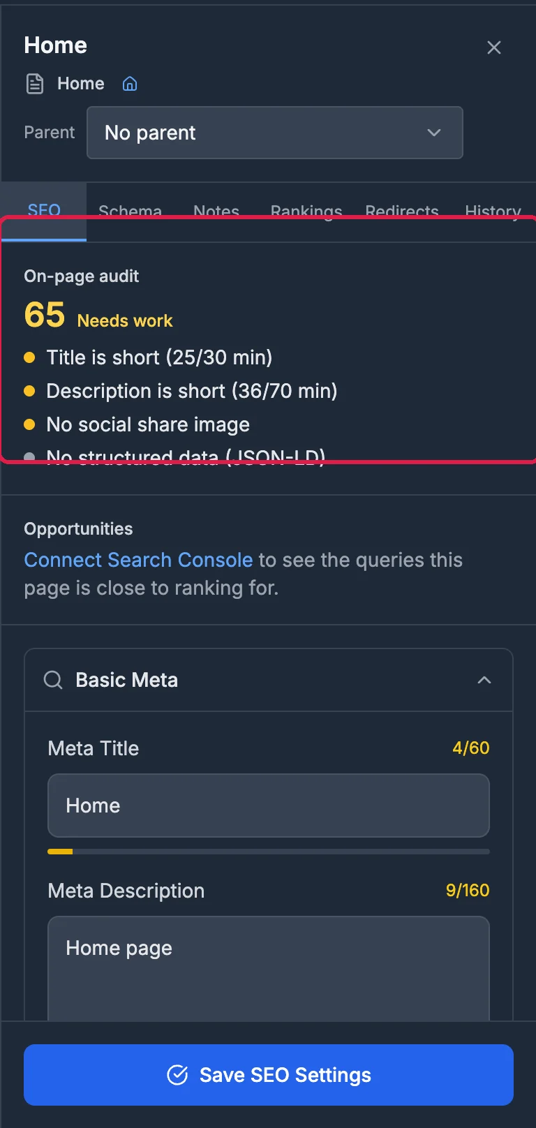 The Home page panel: an On-page audit score of 65 with Title is short and Description is short, and below it the Meta Title Home and Meta Description Home page