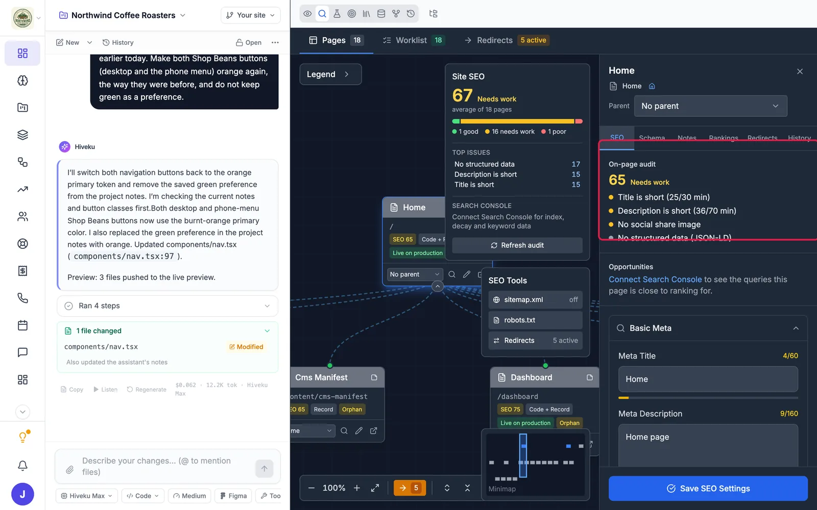 The SEO tab with the page map, the Site SEO score card, and the Home page panel open on the right