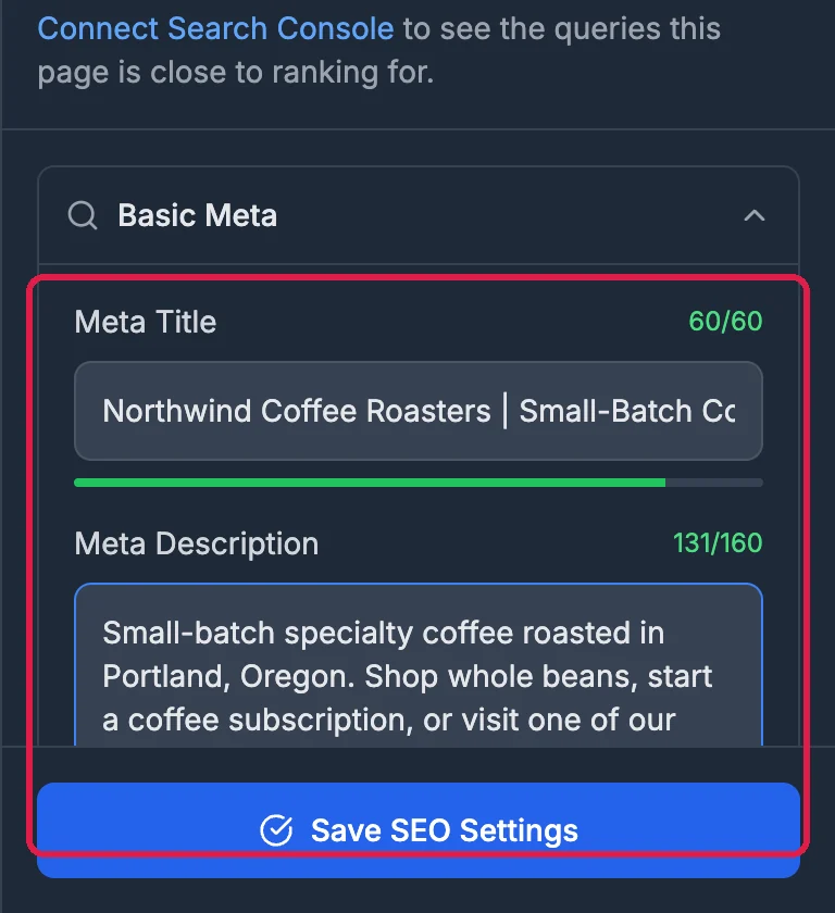 Basic Meta with the title Northwind Coffee Roasters | Small-Batch Coffee from Portland at 60 of 60 characters, a new description at 131 of 160, and the Save SEO Settings button outlined