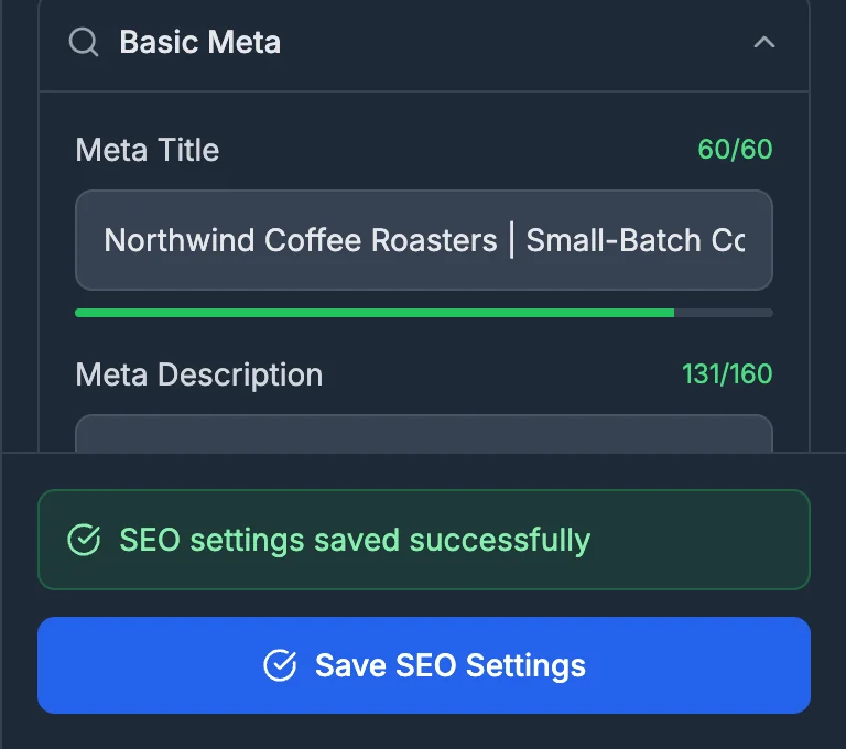 The message SEO settings saved successfully above the Save SEO Settings button