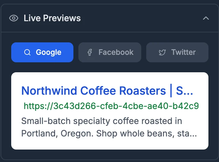 The Live Previews section on Google, showing the new title and description as a search result