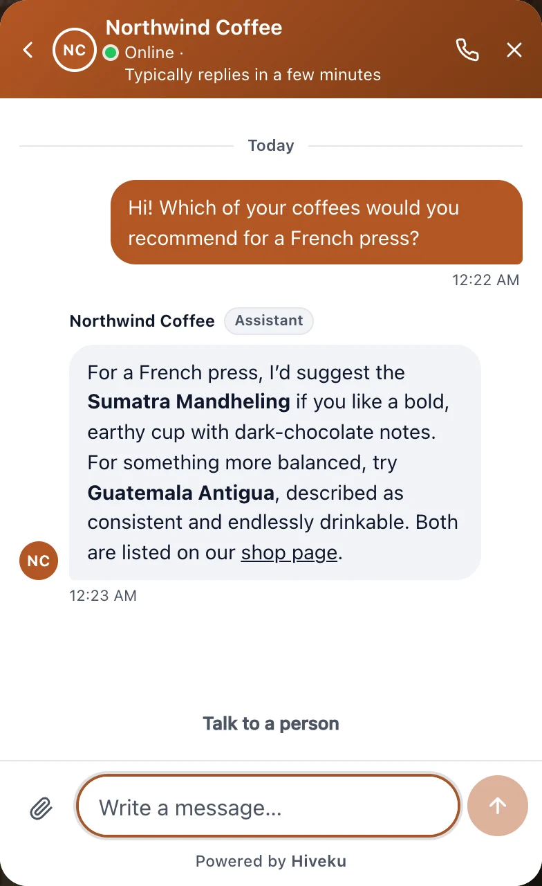 The Northwind Coffee chat on the website: the visitor asked Hi! Which of your coffees would you recommend for a French press?, and the Assistant answered with the Sumatra Mandheling and the Guatemala Antigua