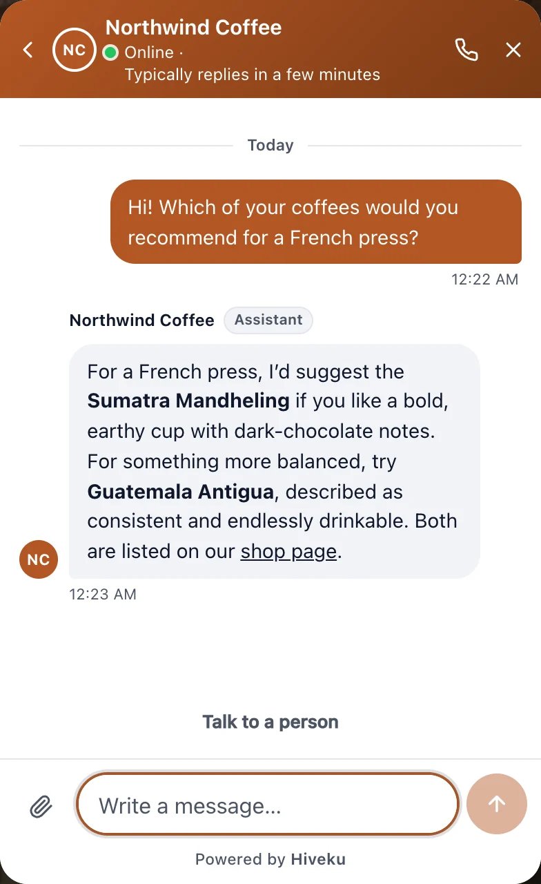 The Northwind Coffee chat on the website: the visitor asked Hi! Which of your coffees would you recommend for a French press?, and the Assistant answered with the Sumatra Mandheling and the Guatemala Antigua