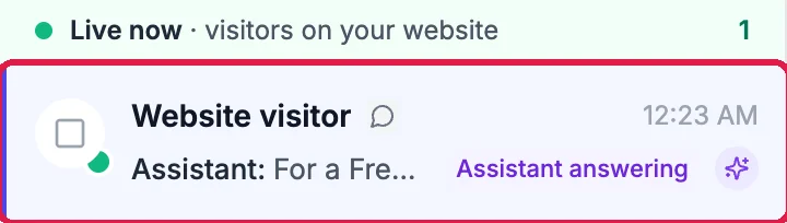 Live now, visitors on your website: the Website visitor chat, with the assistant's answer and Assistant answering, outlined