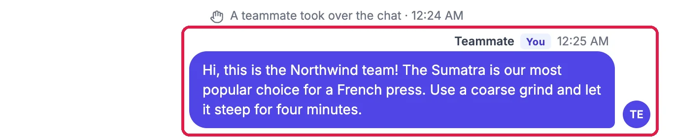 A teammate took over the chat, then the reply from Teammate (You), outlined