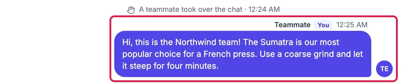 A teammate took over the chat, then the reply from Teammate (You), outlined