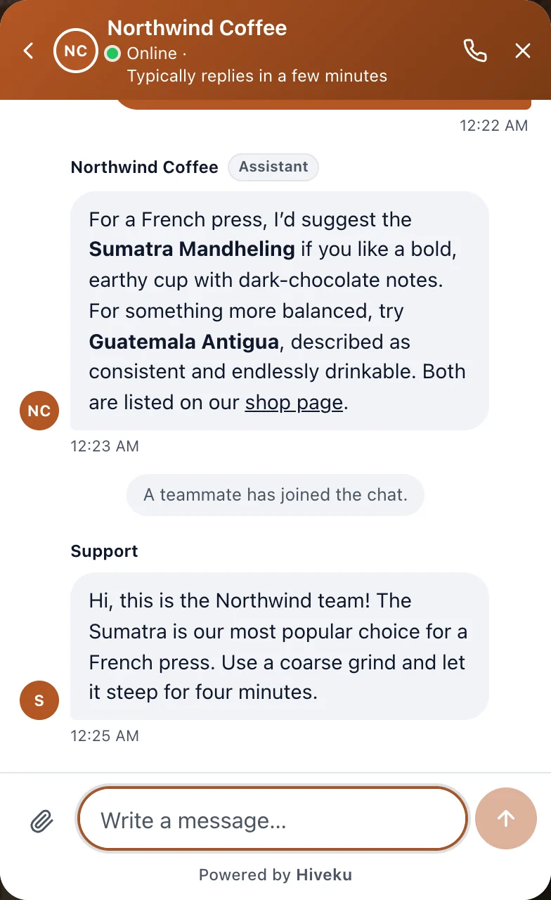 The visitor's chat: the assistant's answer, A teammate has joined the chat., then the team's reply from Support