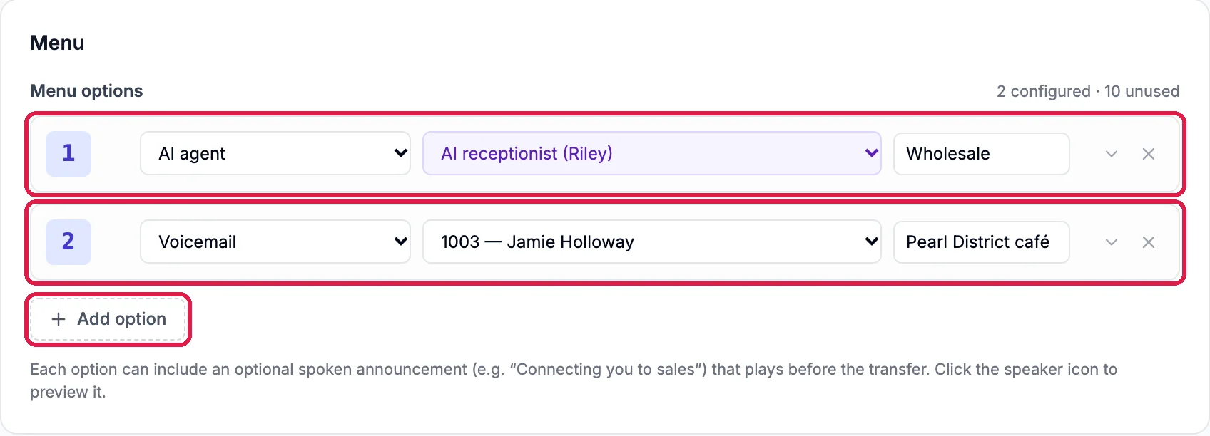 Menu options: 1, AI agent, AI receptionist (Riley), label Wholesale, outlined; 2, Voicemail, 1003, Jamie Holloway, label Pearl District café, outlined; and Add option, outlined