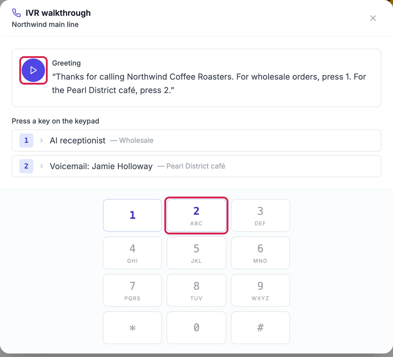 IVR walkthrough for Northwind main line: the greeting's play button, outlined, and the greeting text; the options 1 AI receptionist, Wholesale, and 2 Voicemail, Pearl District café; and the keypad with 2, outlined