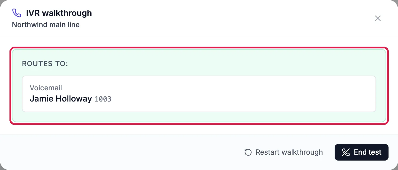 Routes to: Voicemail, Jamie Holloway, extension 1003, outlined, with Restart walkthrough and End test