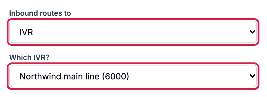 Inbound routes to IVR, outlined, and Which IVR? Northwind main line (6000), outlined