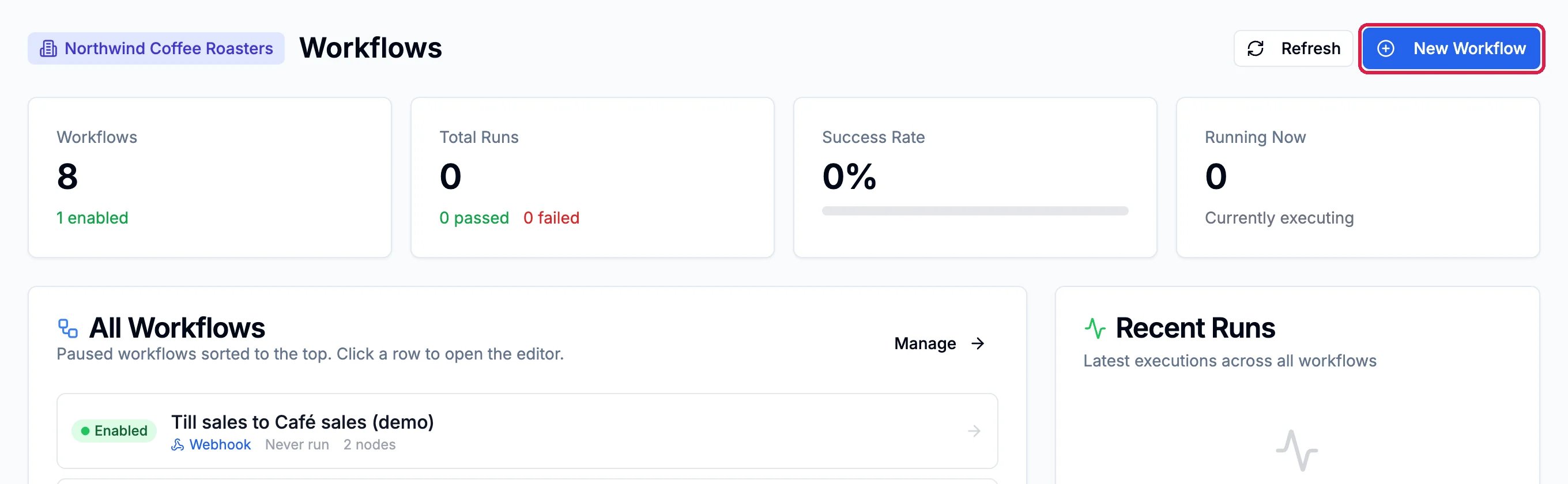 The Workflows page with the New Workflow button outlined