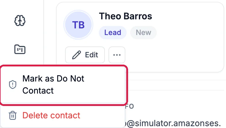 The contact's menu: Mark as Do Not Contact, outlined, and Delete contact