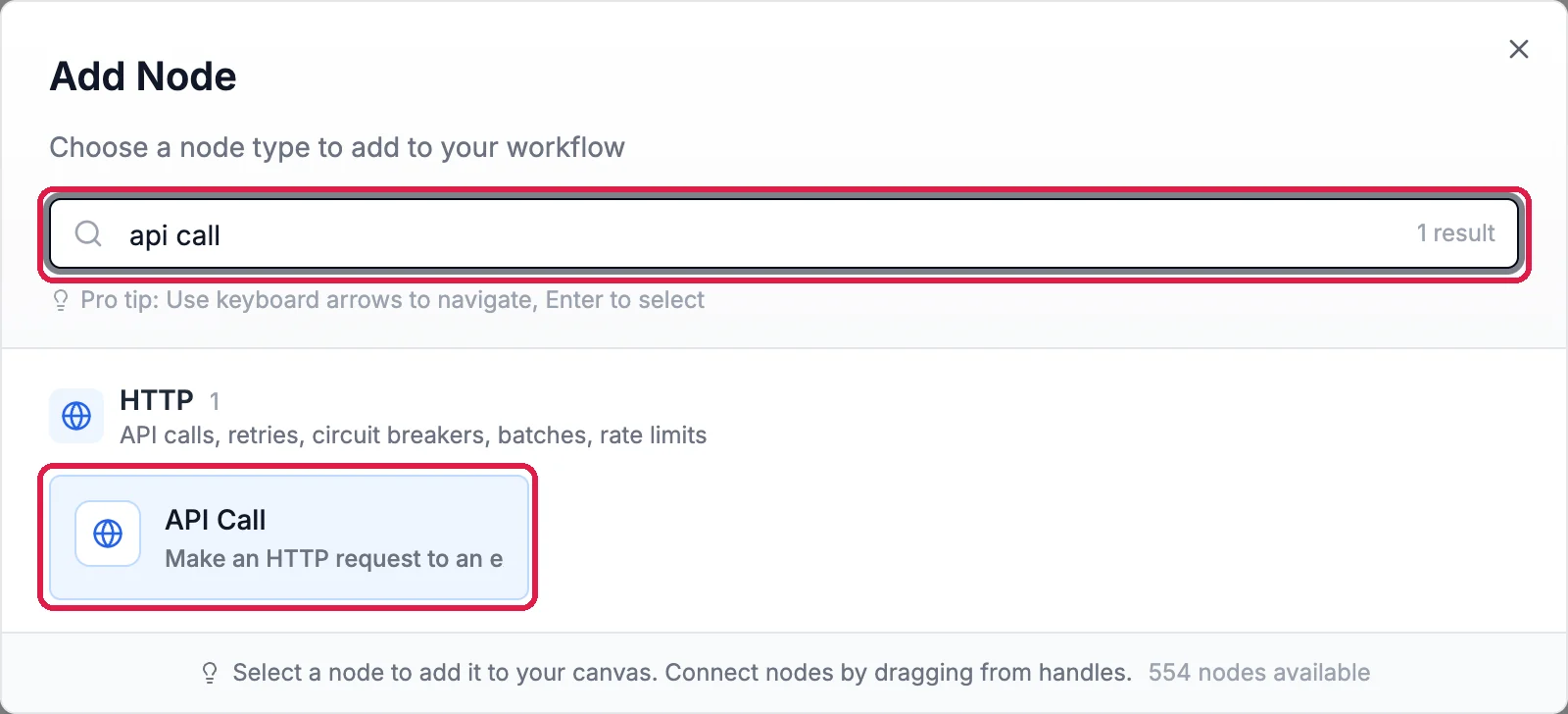 Add Node with api call typed in the search box, outlined, 1 result, and API Call under HTTP, outlined