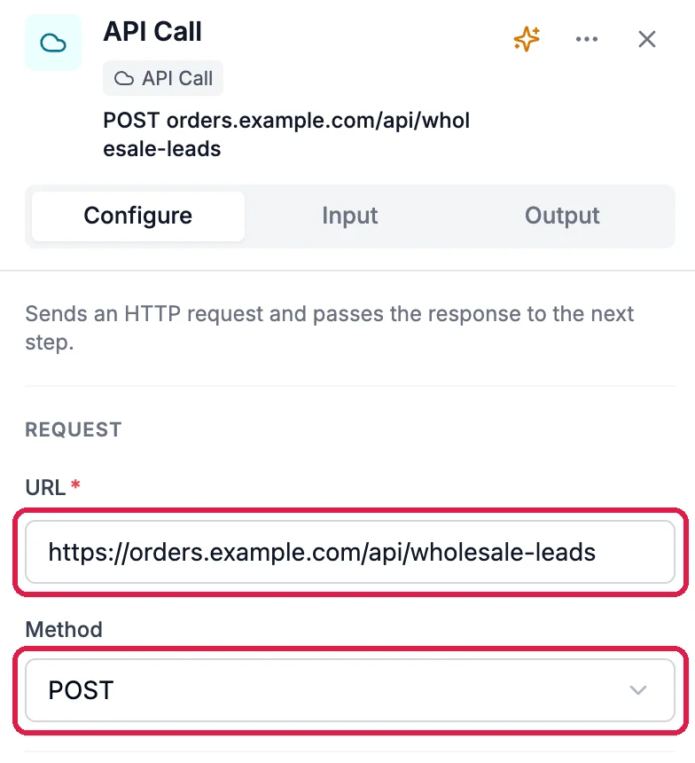 API Call settings: URL https://orders.example.com/api/wholesale-leads, outlined, and Method POST, outlined