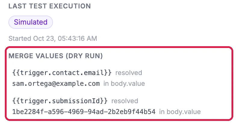Last test execution, Simulated, and Merge values: trigger.contact.email resolved to sam.ortega@example.com, and trigger.submissionId resolved to the submission's ID, both in body.value, outlined